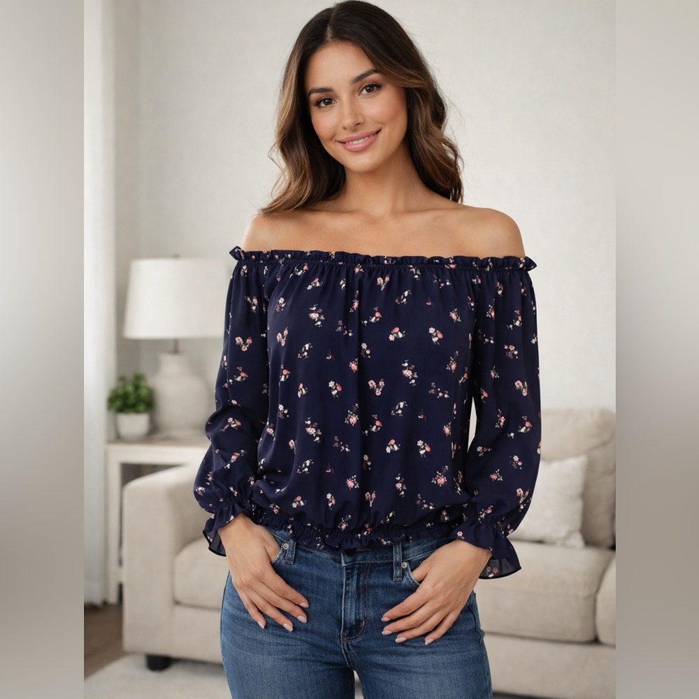 Arizona Jean Co Women Off Shoulder Navy Floral Crop top Elastic Waist Top S